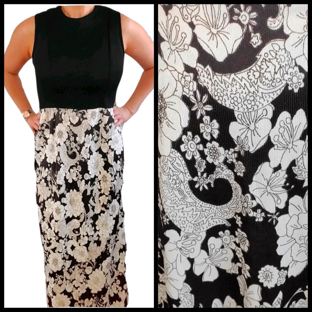 VTG 70s Sleeveless Maxi Dress Floral‎ Black Brown Beige Sz 10 Cocktail Evening